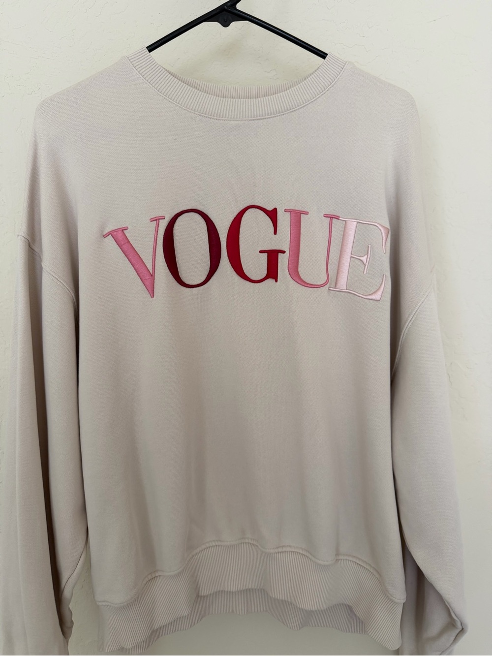 Vogue Embroidered Crewneck Sweatshirt - Light Beige with Pink & Red Letters